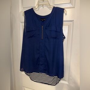 My Michelle XL Tank Top Navy Solid Poly Zipper Flap Pocket , Striped Rayon Back